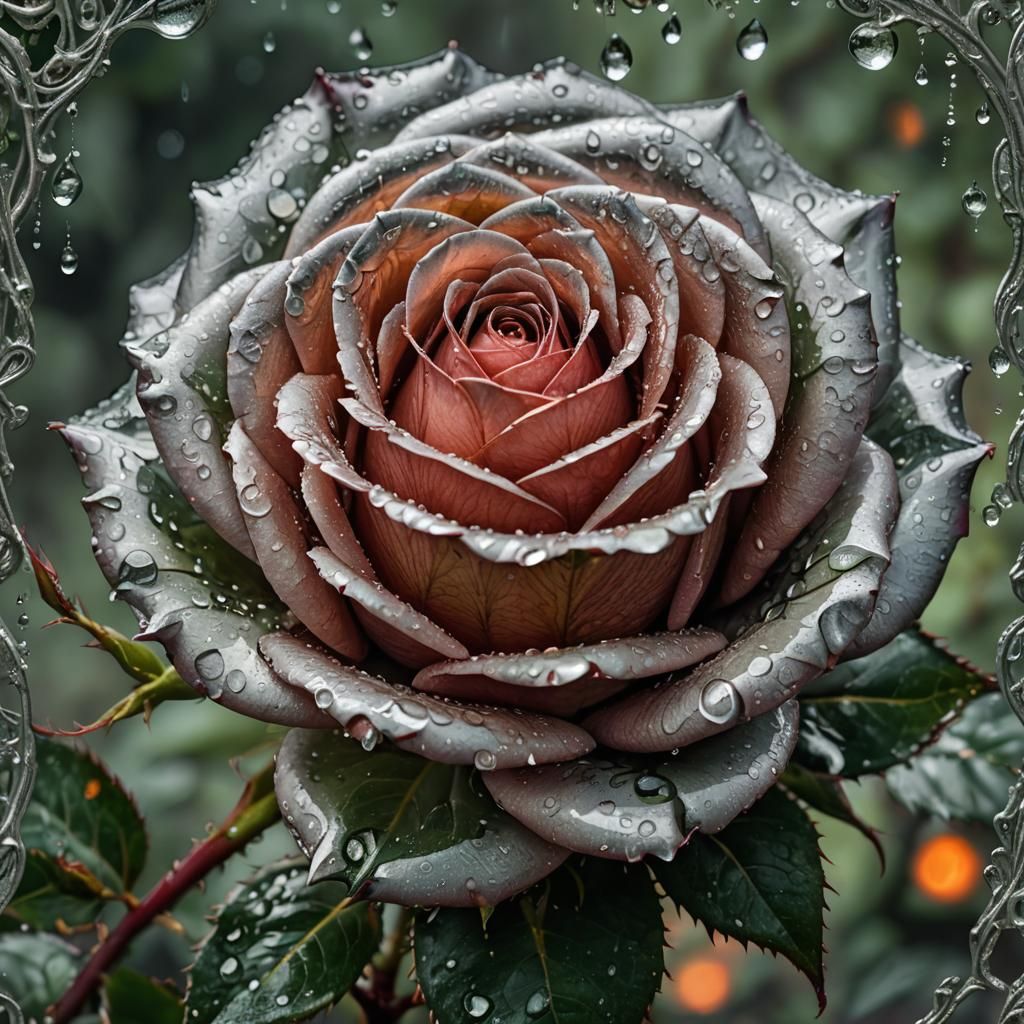 Silver Rose with Water Droplets in Art Nouveau Style