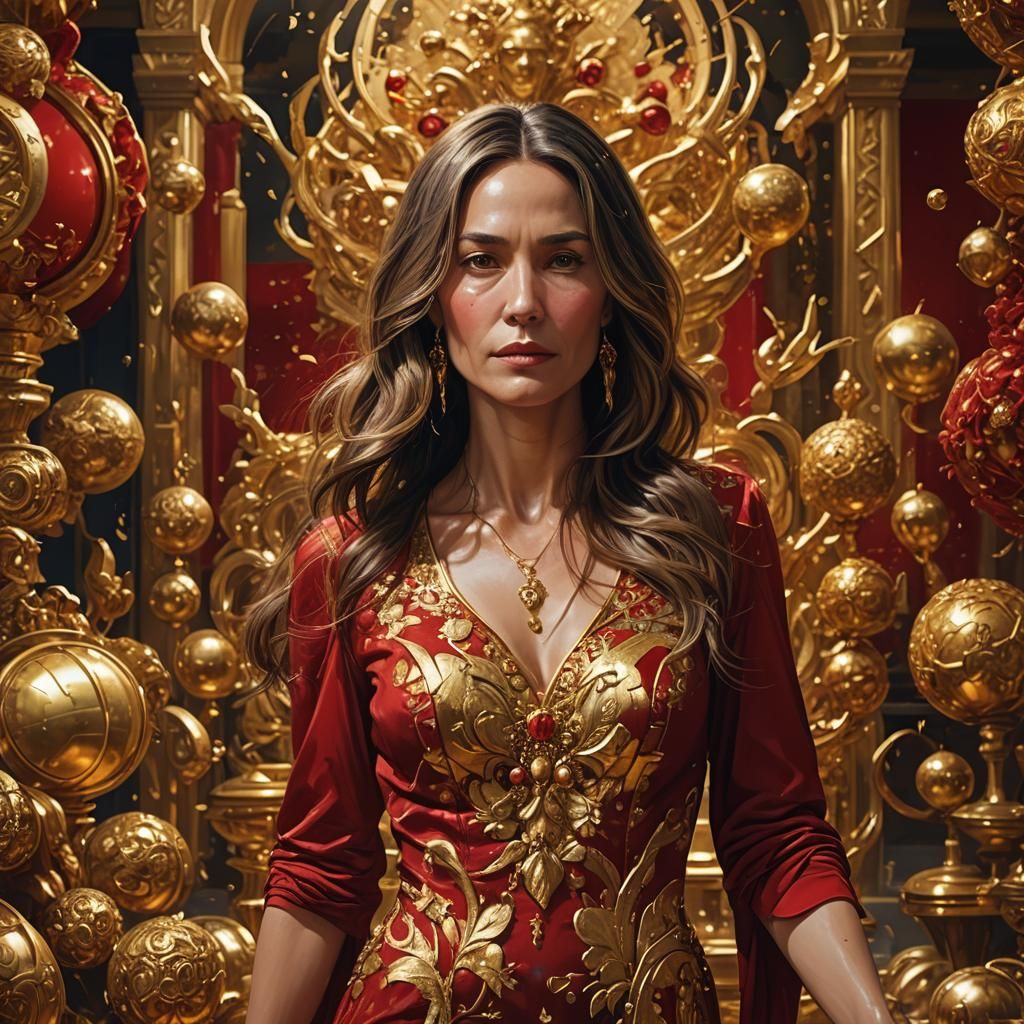 Glamorous Woman in Red Dress with Gold Accents