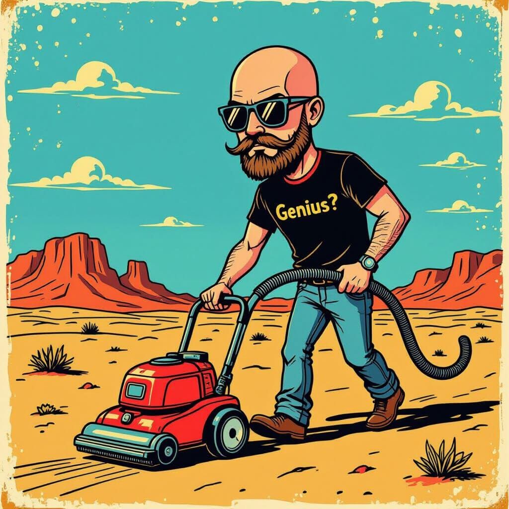 Retro Graphic of Bald Man Vacuuming Desert