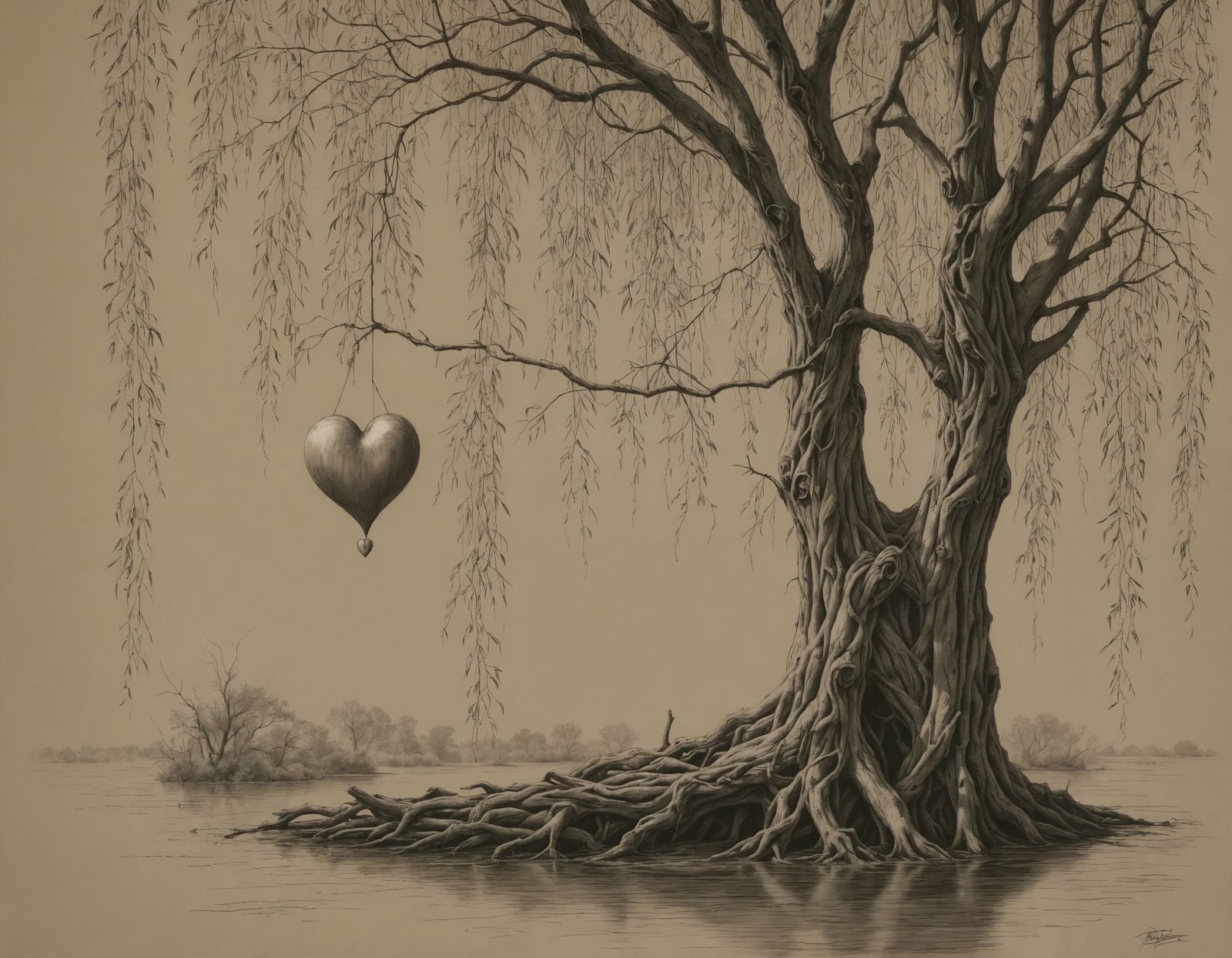 Monochromatic Heart Hanging from Willow Tree Sketch