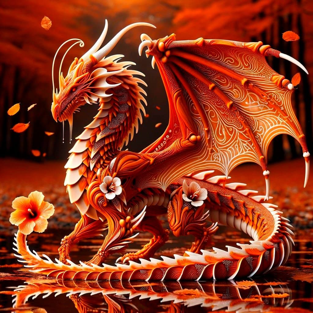 Orange Hibiscus Dragon in Autumn Landscape