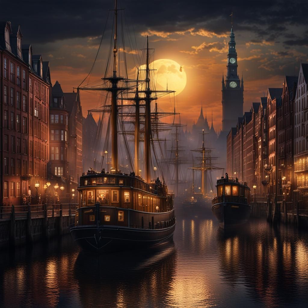 Hamburg: A Port City's Magical Night, Detailed Matte Paintin...