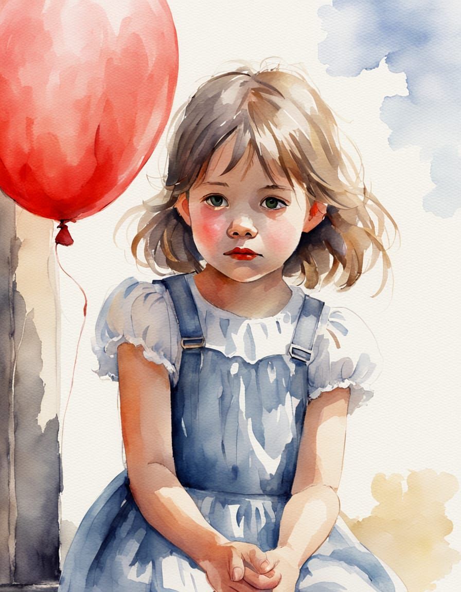 Girl with Red Balloon: Watercolor Sketch Portrait