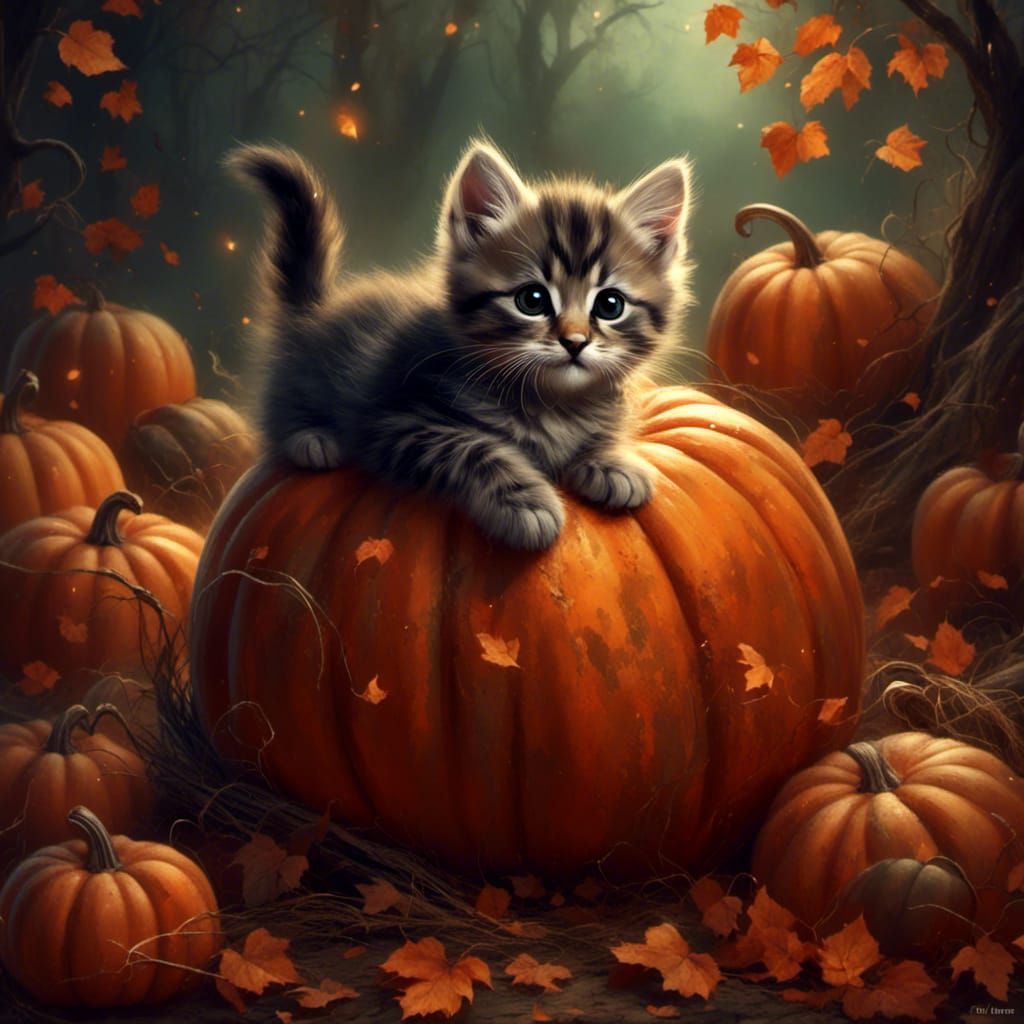 Kitten on Pumpkin: Halloween Digital Painting