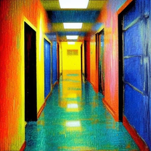 Expressive Oil Painting of College Hallway