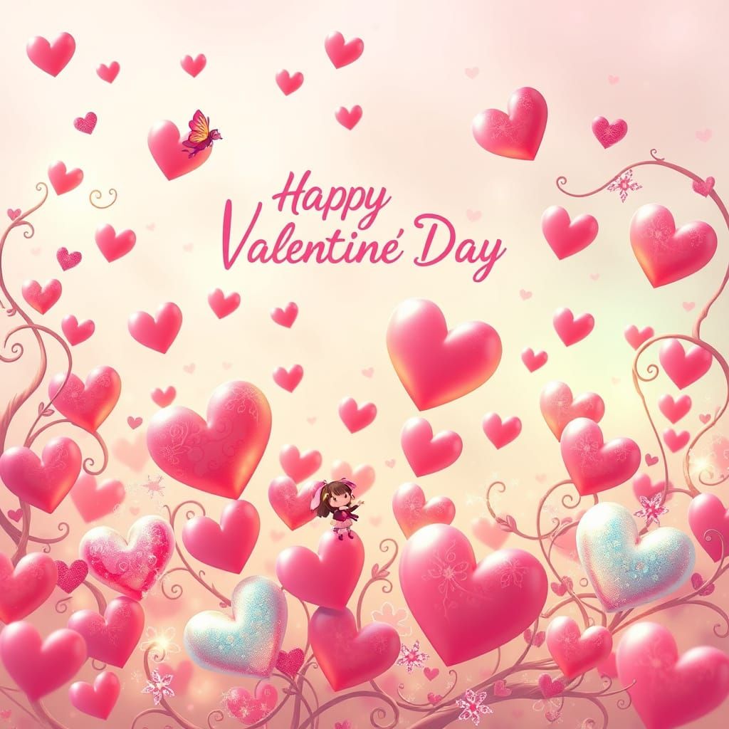 Whimsical Anime Valentine's Day Card in Pastel Hues and 3D H...
