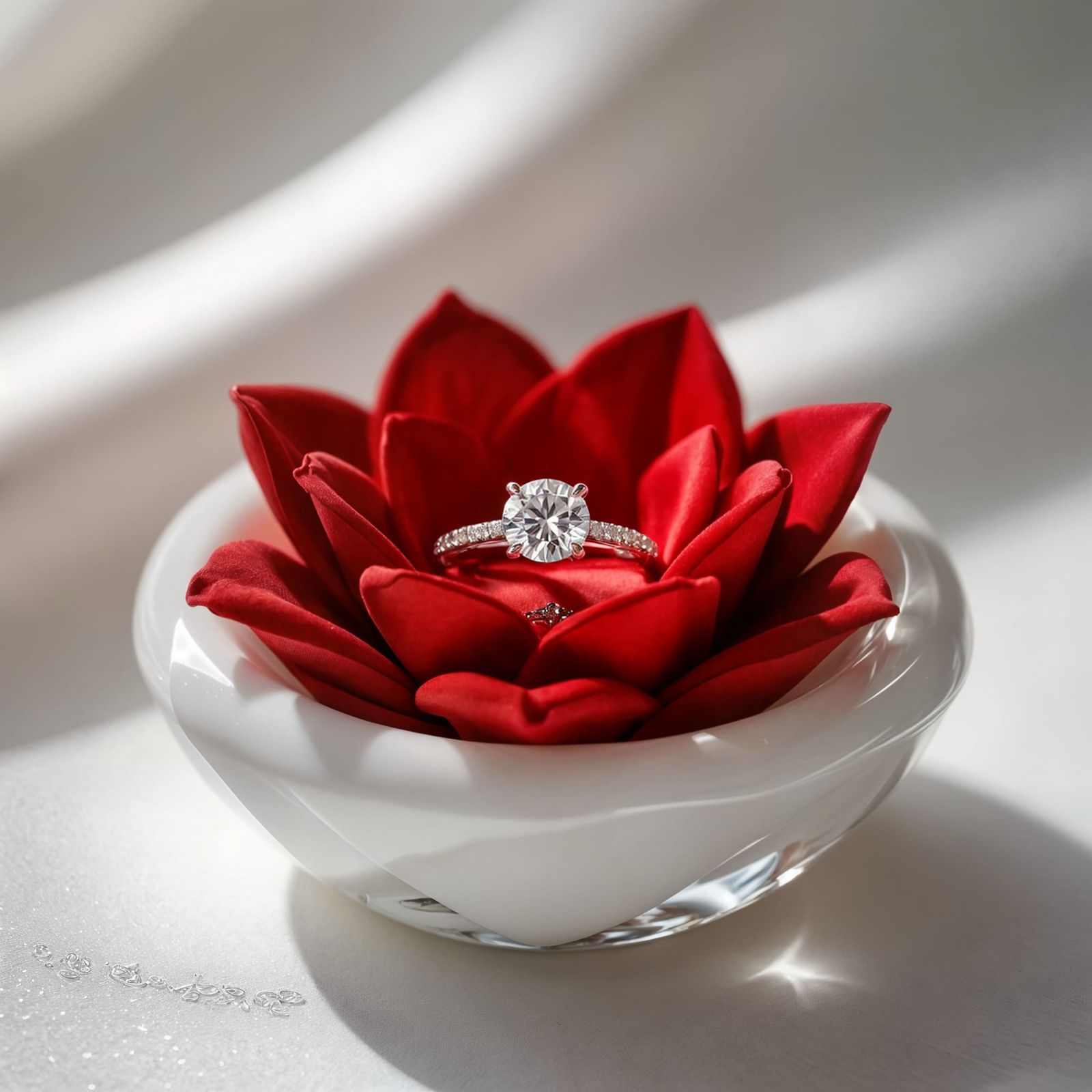 Elegant Diamond Ring Holder with Red Fabric Flower