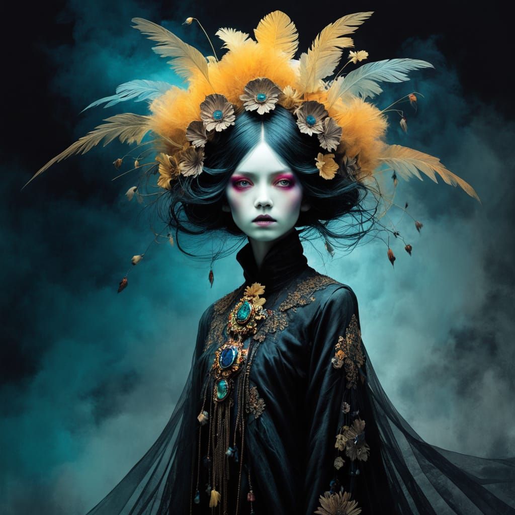 Haunting ghostly figure appearing from the dark, eerie, spectral, otherworldly in the style of Luis Gabriel Pacheco, Jea...