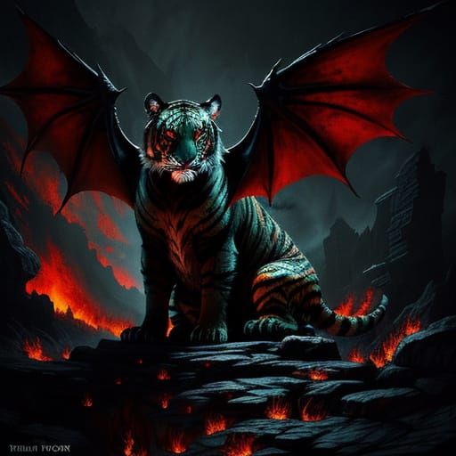 Winged Tiger in Gothic Underworld: Dark Fantasy Art