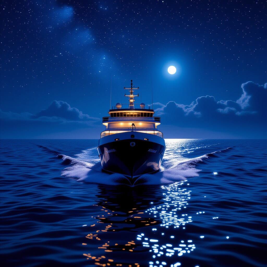 Cruise Ship Under Starry Sky in Nocturne Style