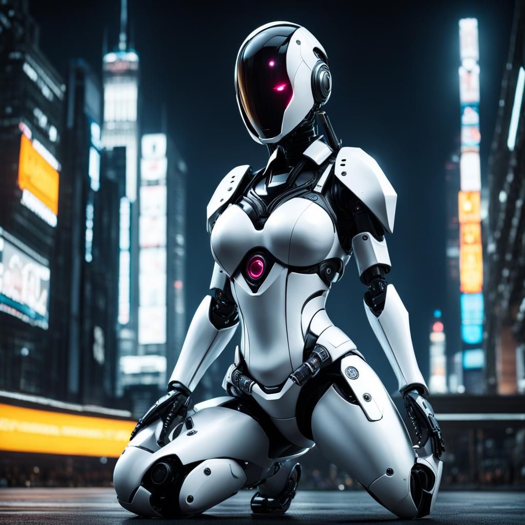 Apocalyptic Cyberpunk City: Faceless Robot Kneeling