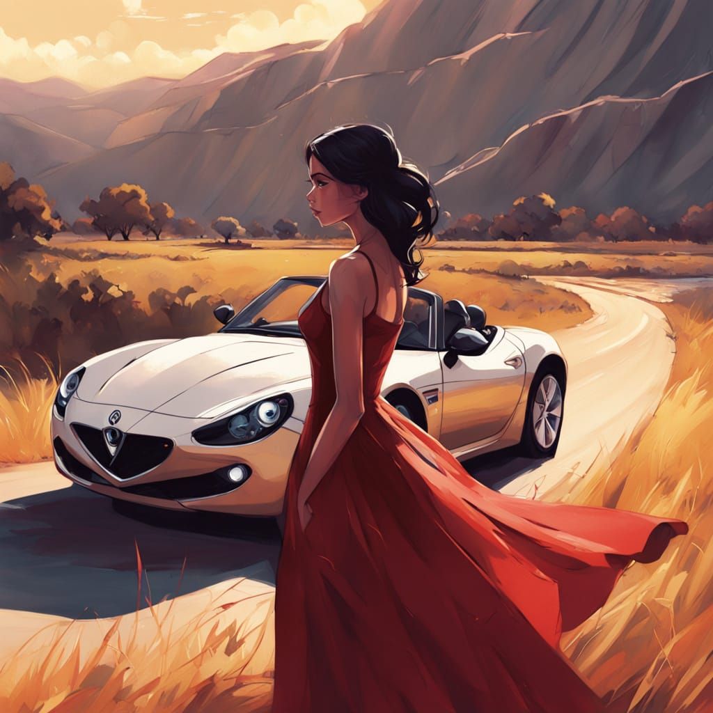 Woman in Red Dress Leaning on Alfa Romeo Spyder in Riverina