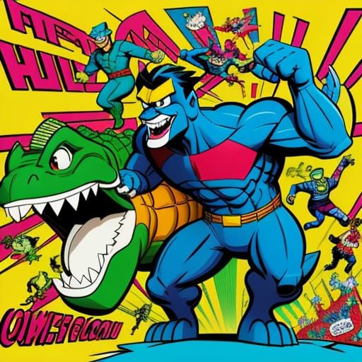 Cartoon Man Rides Crocodile in Vibrant Comic Style
