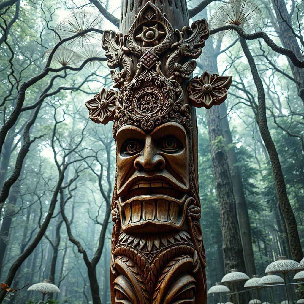 Wooden Totem in Mycelium Network, Detailed 8K Render