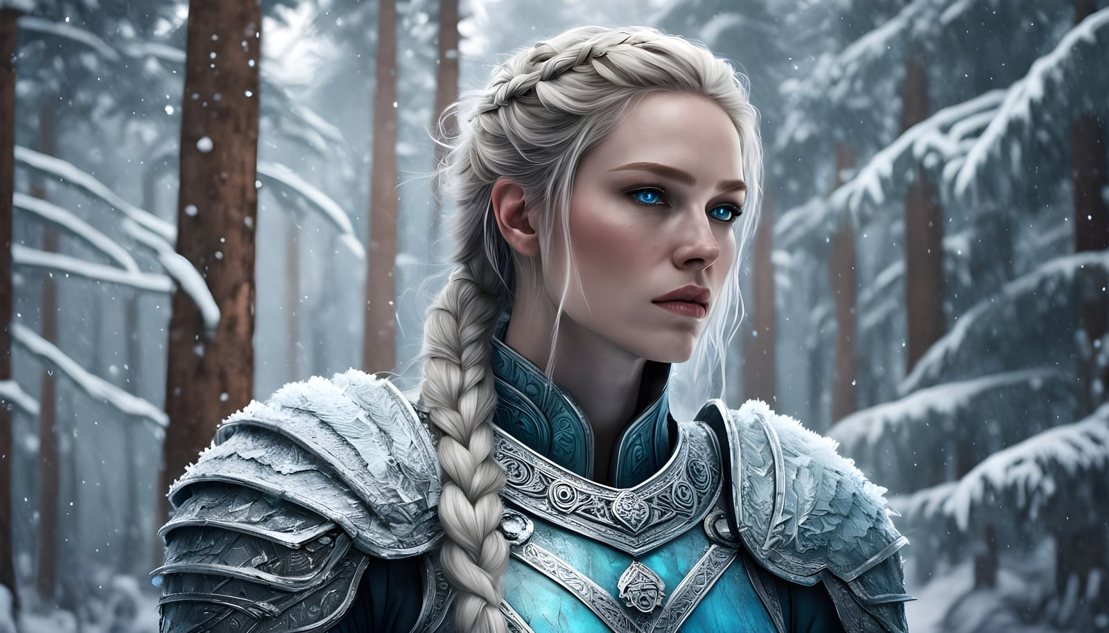 Epic Fantasy Warrior in Frosty Armor and Snowy Forest