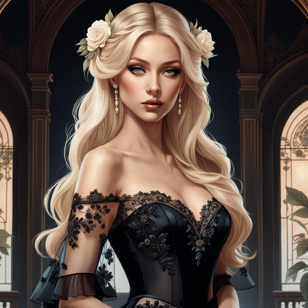 Elegant Woman in Black Lace Dress, Hyperdetailed Portrait