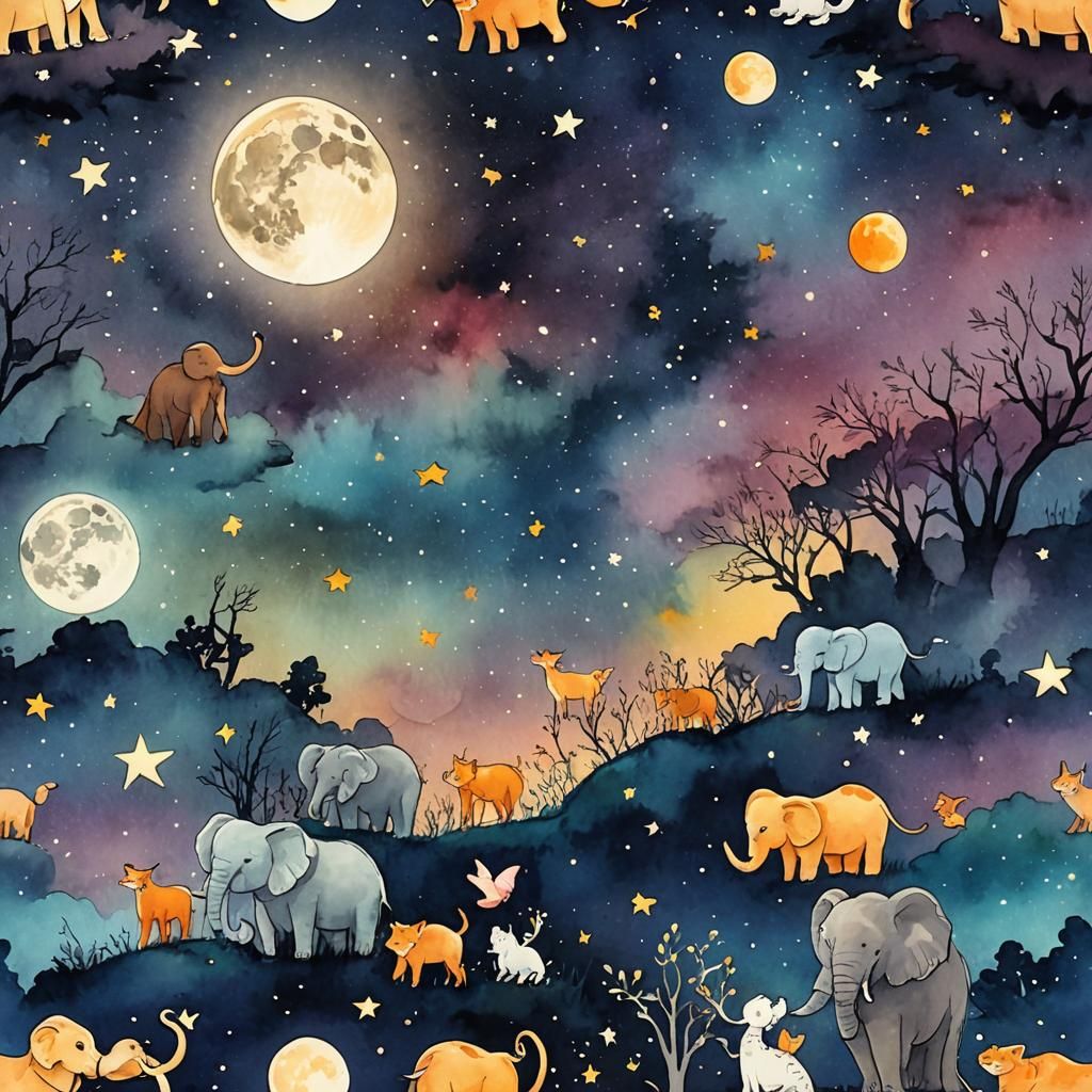 Animals Silhouetted Against Moonlit Sky in Digital Illustrat...