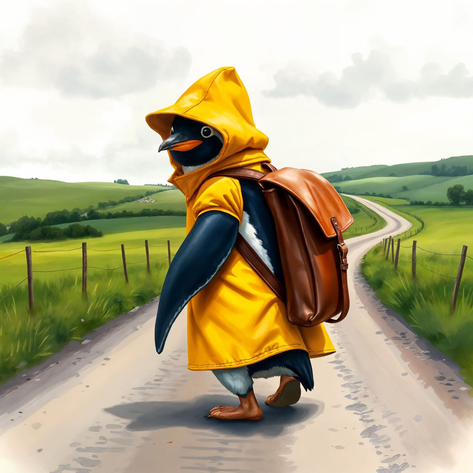 Whimsical Penguin Wandering Through Lush Countryside