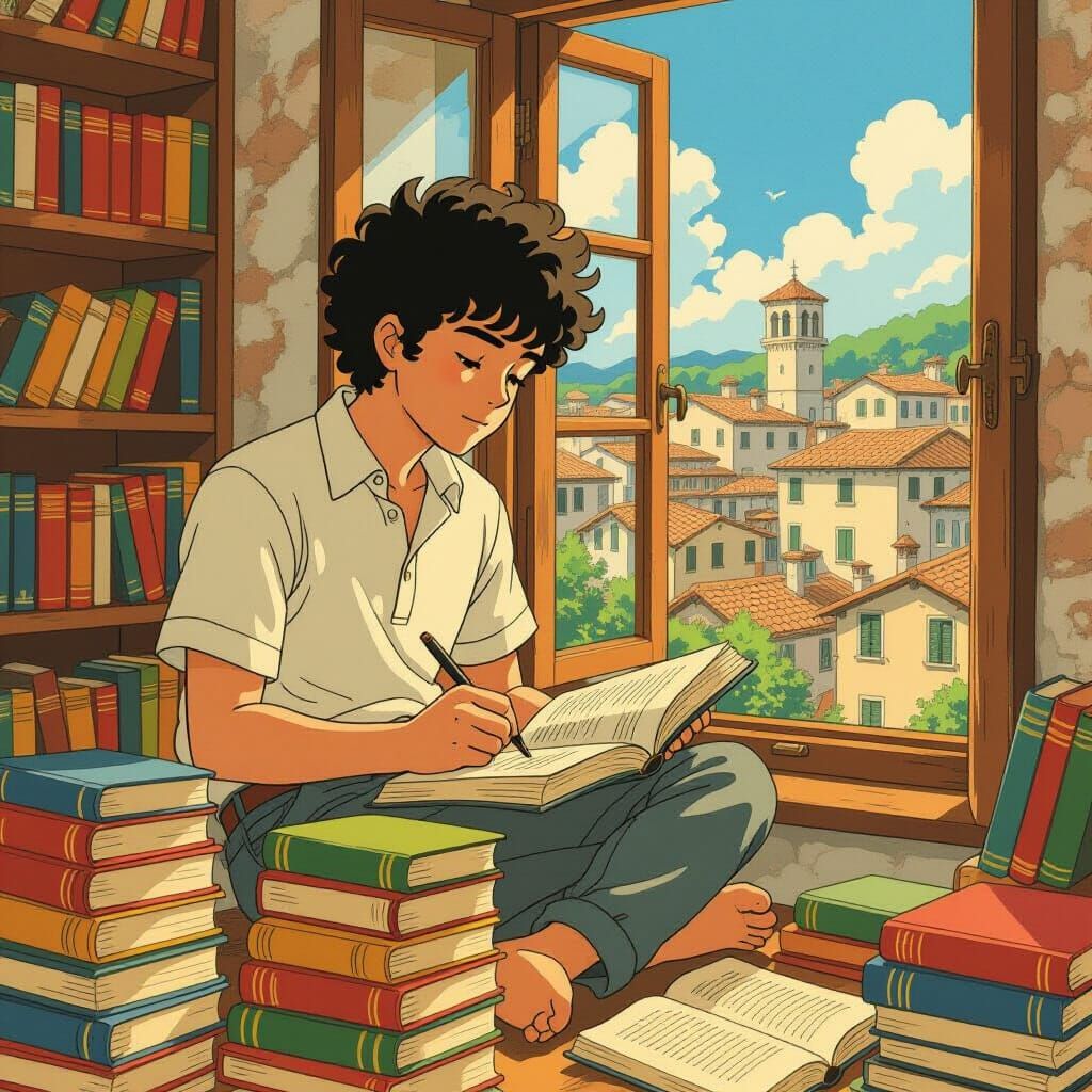 Studio Ghibli Style Boy Studying in Italy