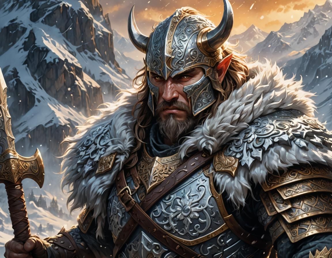 Nord Warrior in Snowy Landscape: Epic Fantasy Digital Art