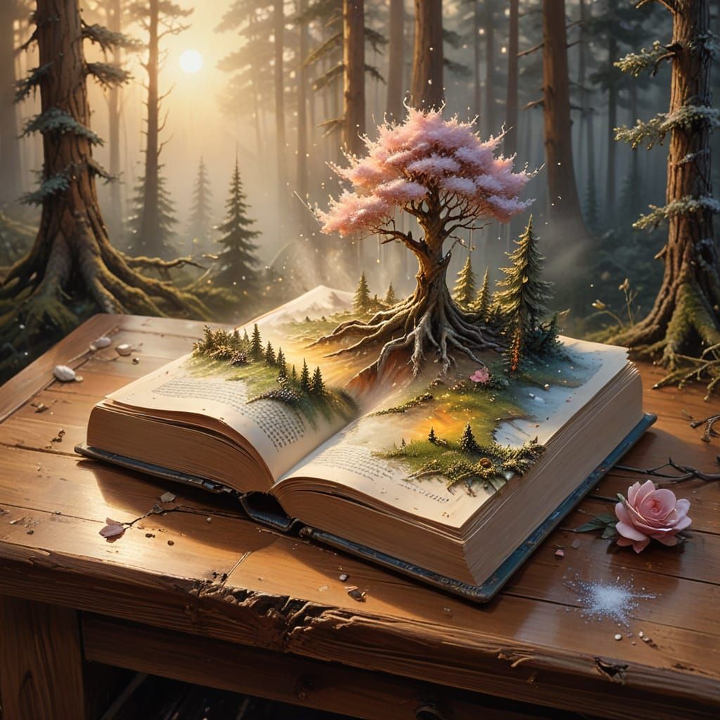 Fairy Tale Book Spills Foggy Forest in Painterly Oil Art