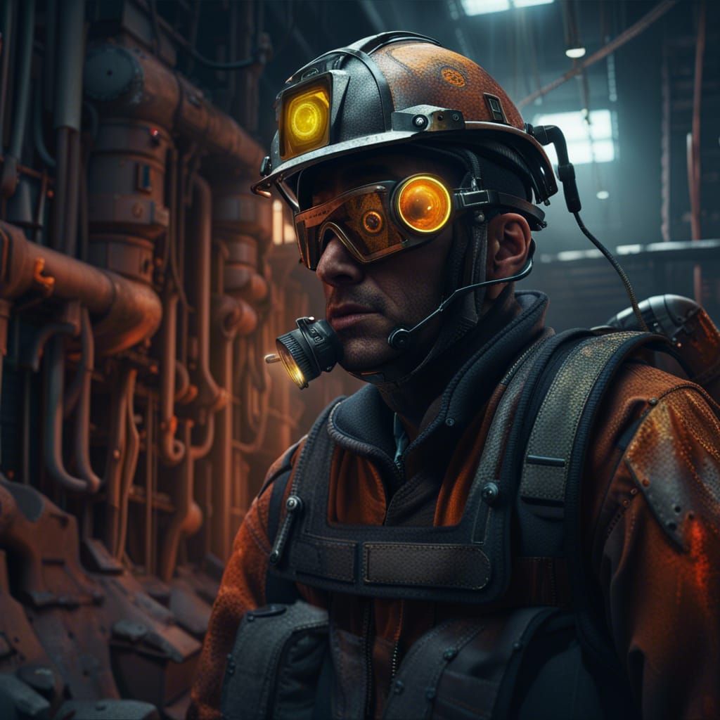 Dystopian Mine Worker Under Surveillance Camera