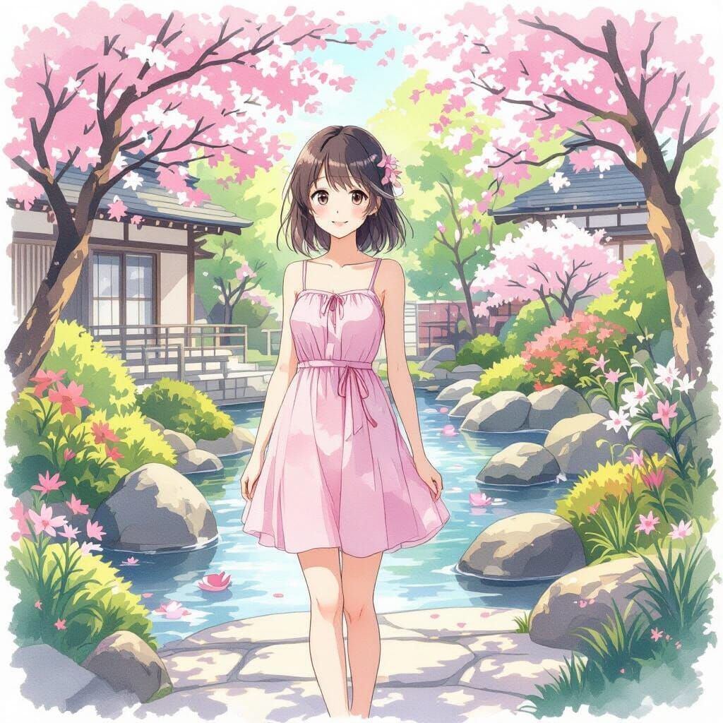 Anime Girl in Japanese Garden with Watercolor Textures