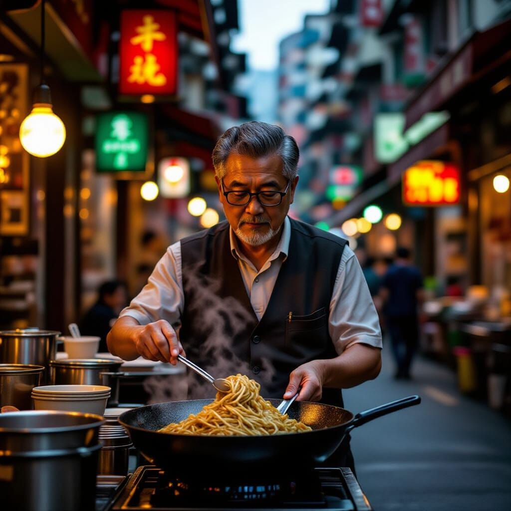 Hong Kong Noodle Stall Owner in Warm Streetlight