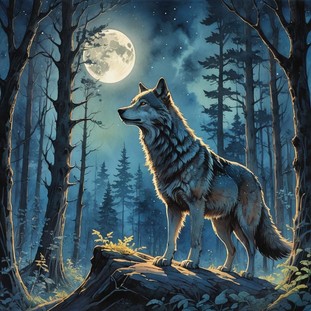 Wolf Gazing at Moon in Fluorescent Watercolor Forest