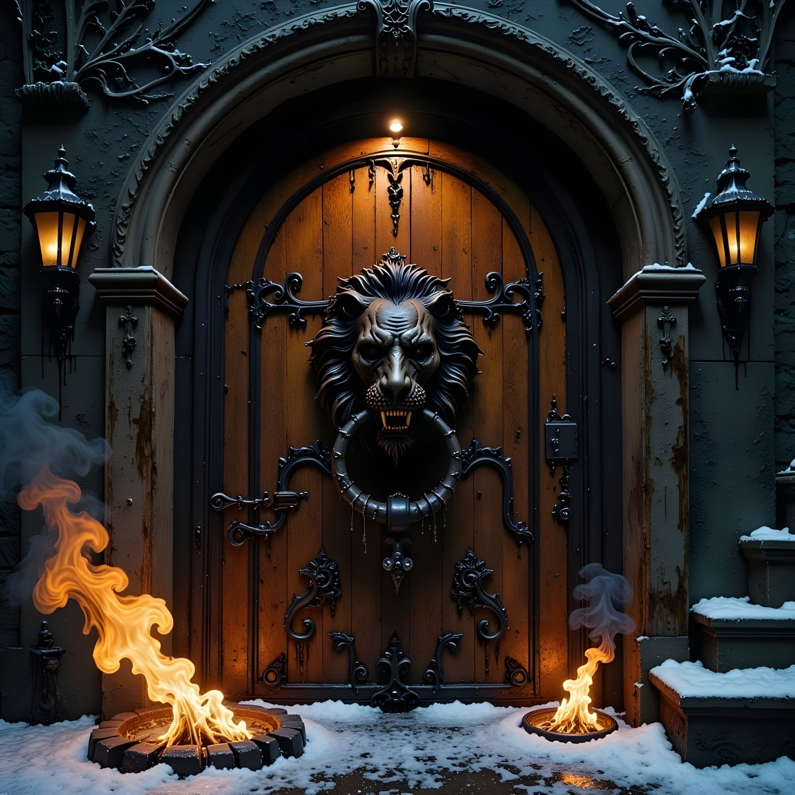 Ornate Gothic Cellar Door on Snowy Evening