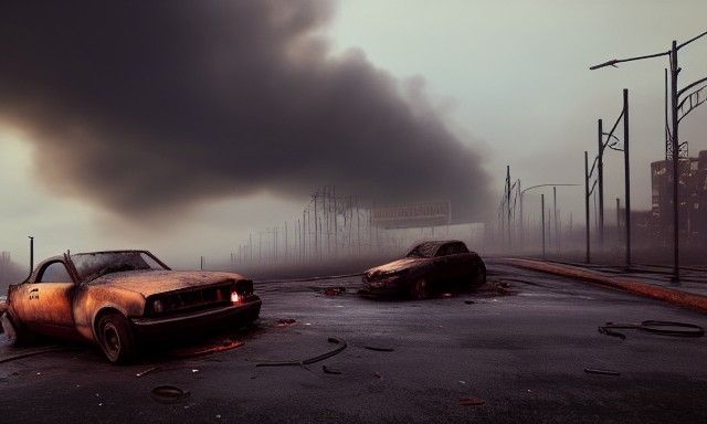 Sinister Crashed Car in Burning City