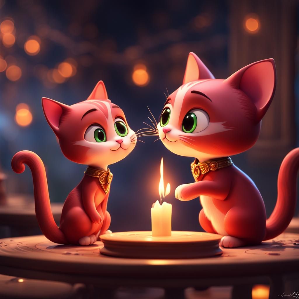 Cats Enjoying a Romantic Candlelit Dinner in Pixar Style