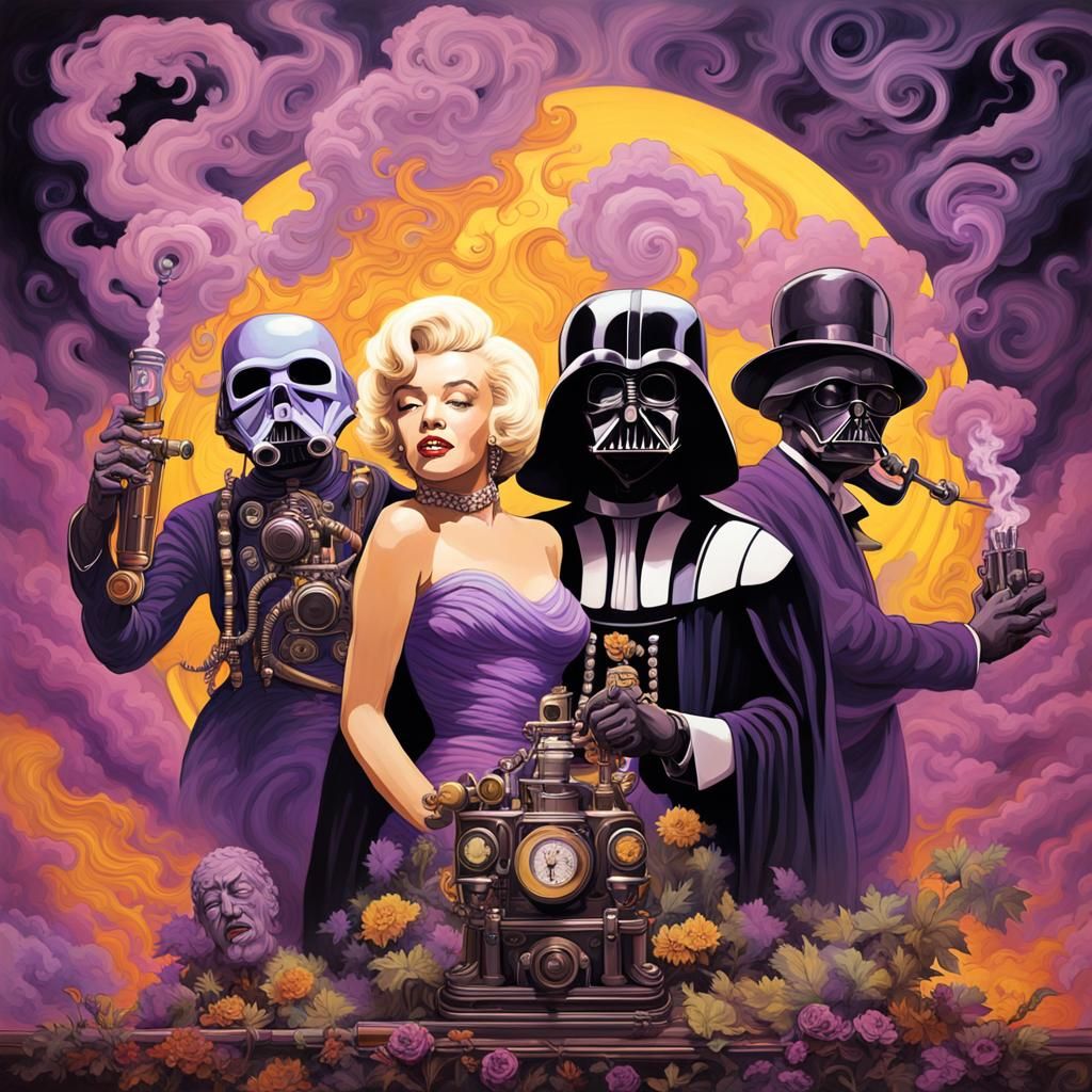 Surreal Meeting: Marilyn, Jimi, and Vader in Steampunk Dream