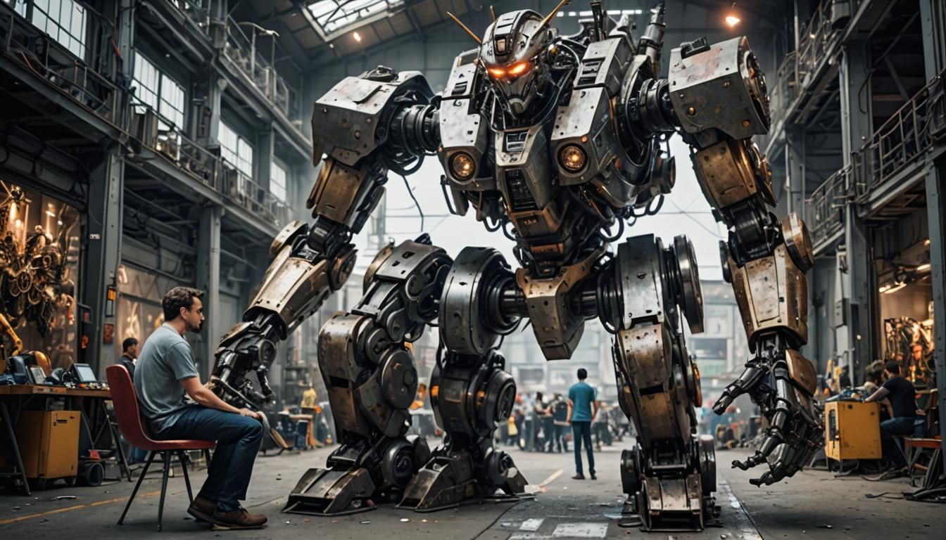 Giant Robot Controlled by Man: Hyperrealistic HDR Image