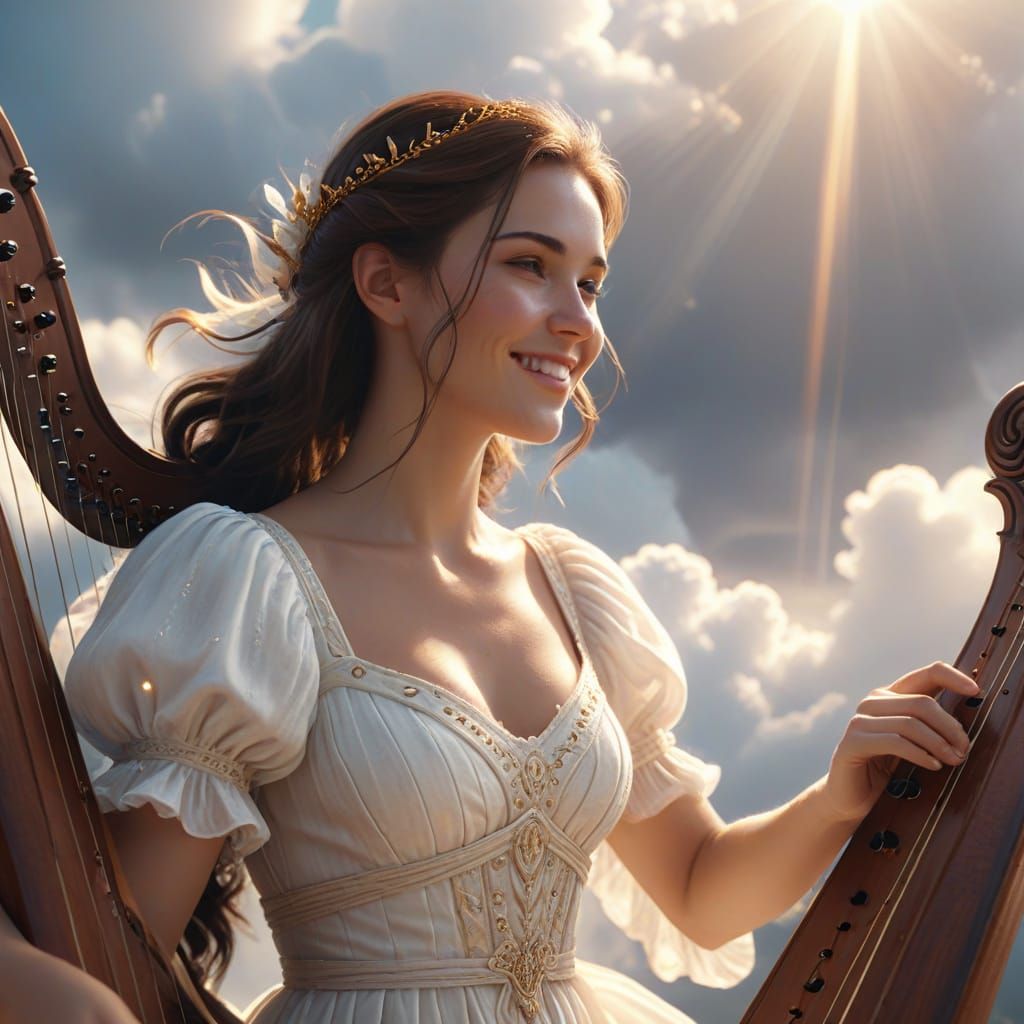 Brunette Harpist in Clouds with Divine Light