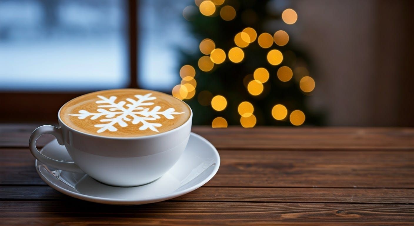 Festive Snowflake Latte Art in Winter Setting