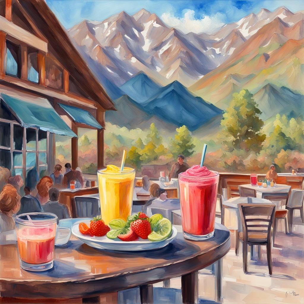 Mountain Cafe with Buffalo in Gouache Watercolor