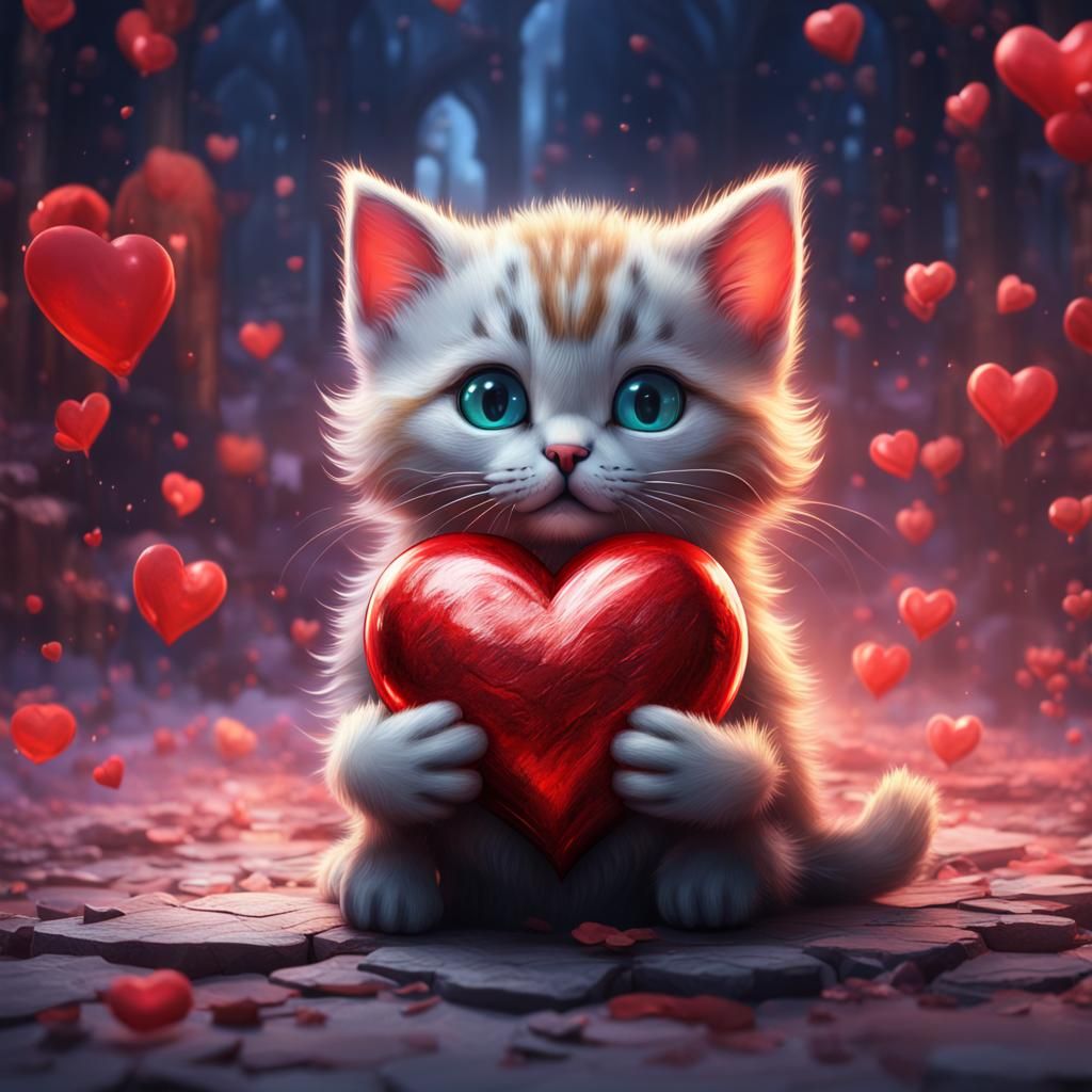 Kitten Hugging Heart in Detailed Matte Painting