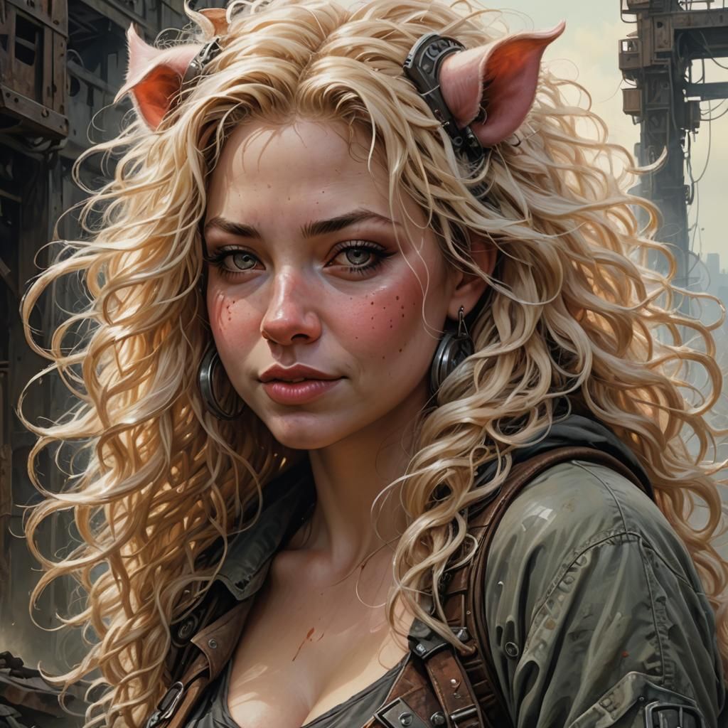 Post-Apocalyptic Piggy Girl Portrait in Acrylic Style