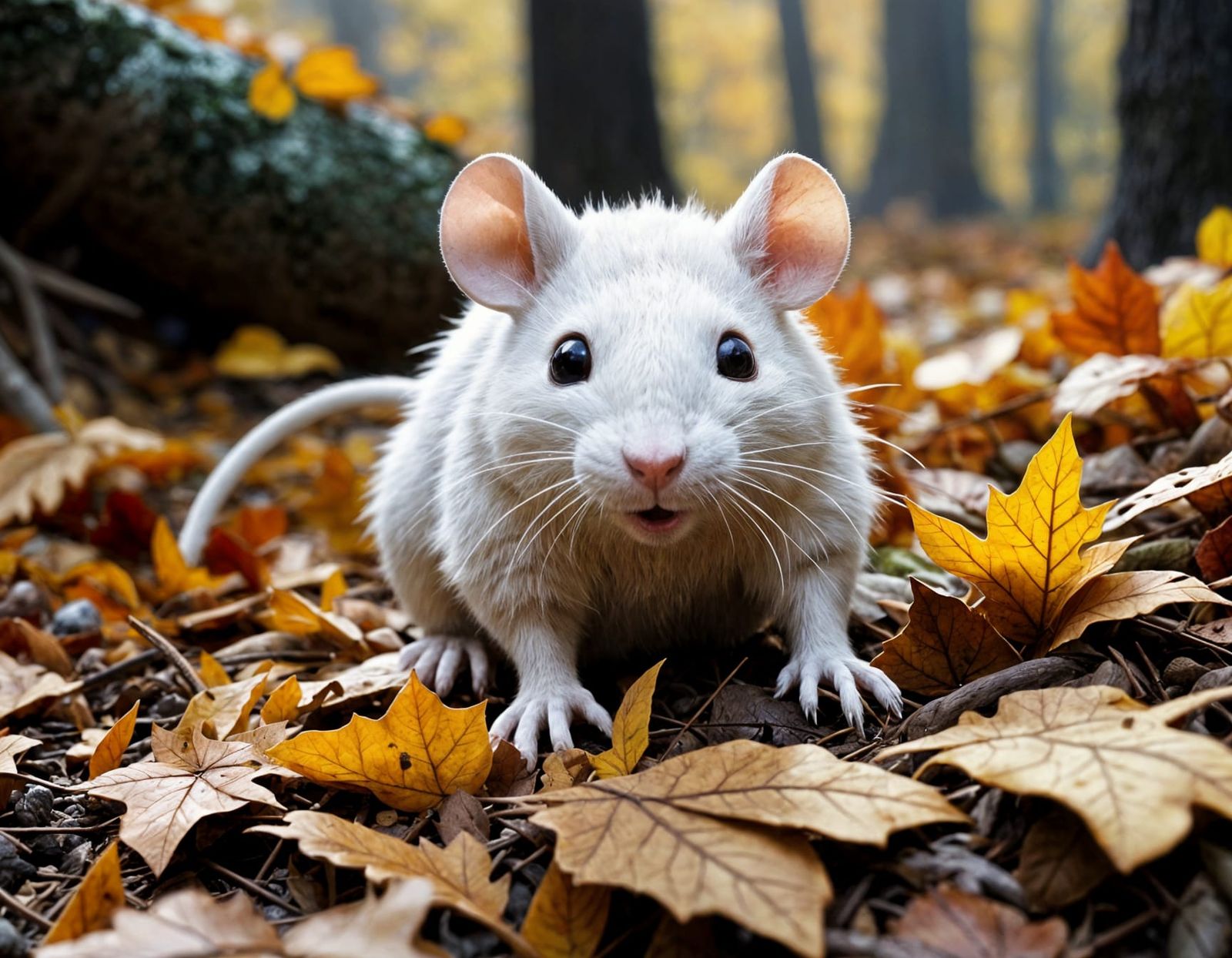 White Rat Plushie in Autumn Leaves, Concept Art Style