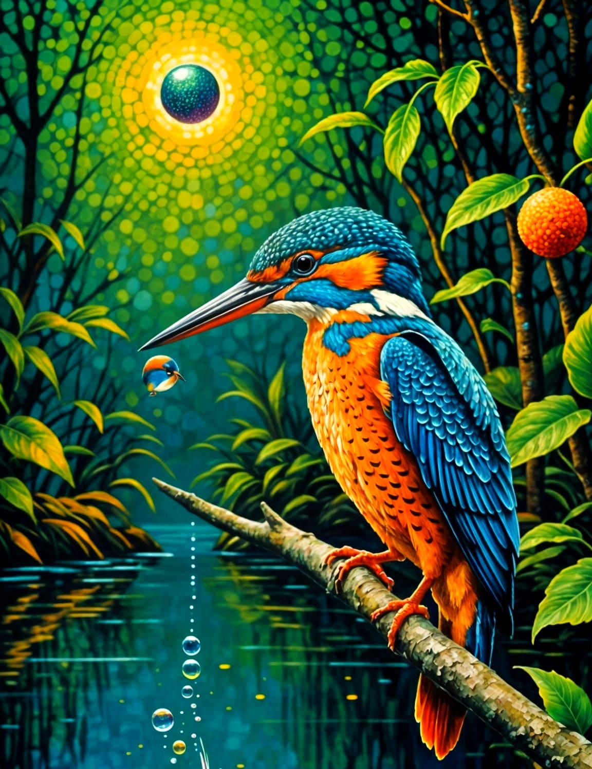 Kingfisher with Fish: Kinetic Pointillism Masterpiece