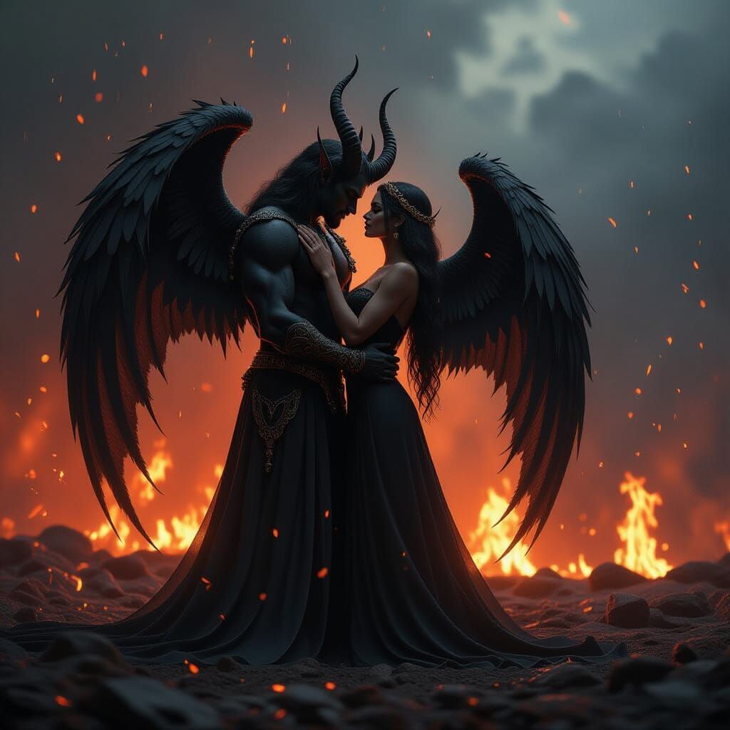 Samael and Lilith: Dark Fantasy Demon Angel Embrace