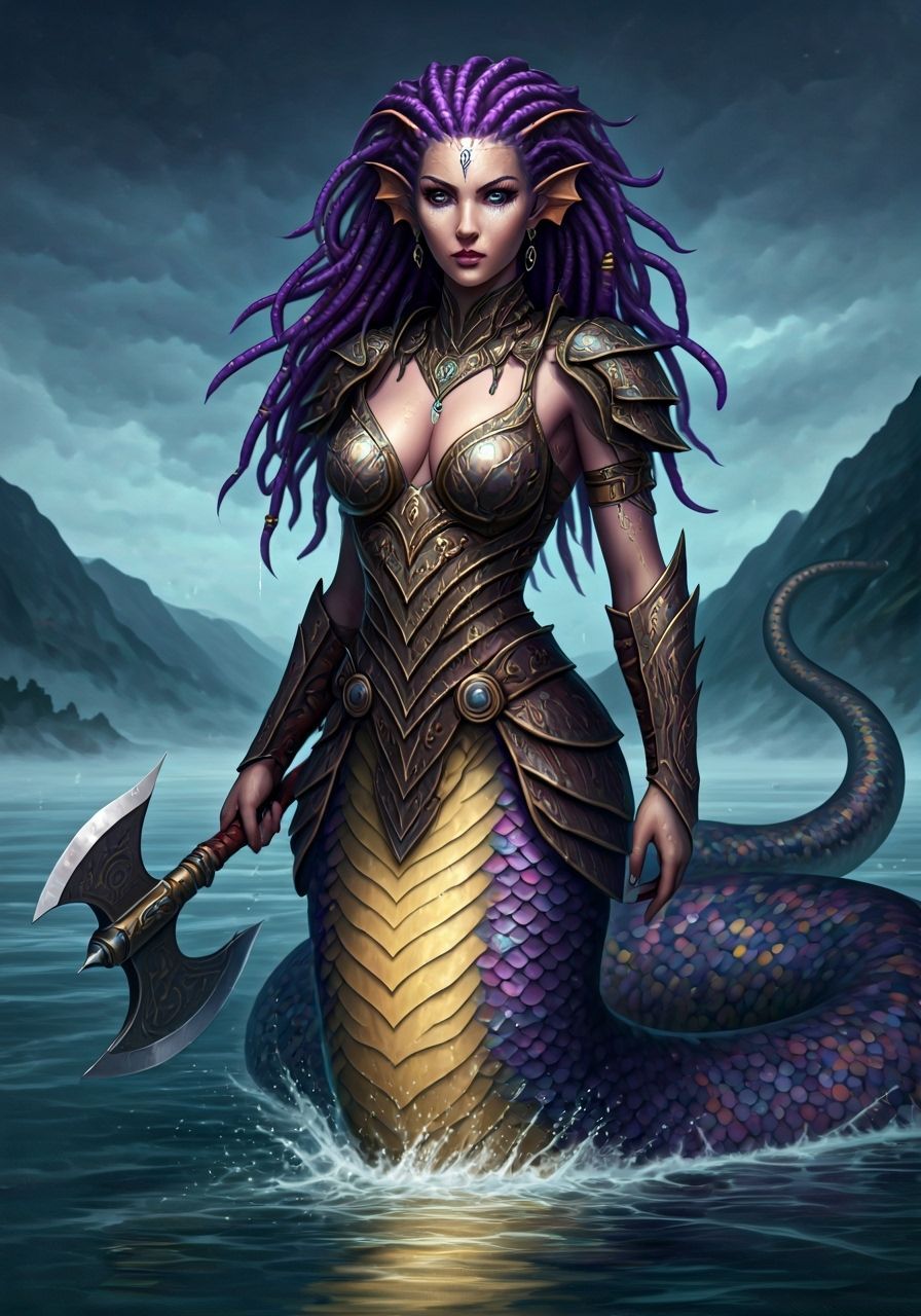 Female Naga Warrior with Axes in Fantasy Landscape