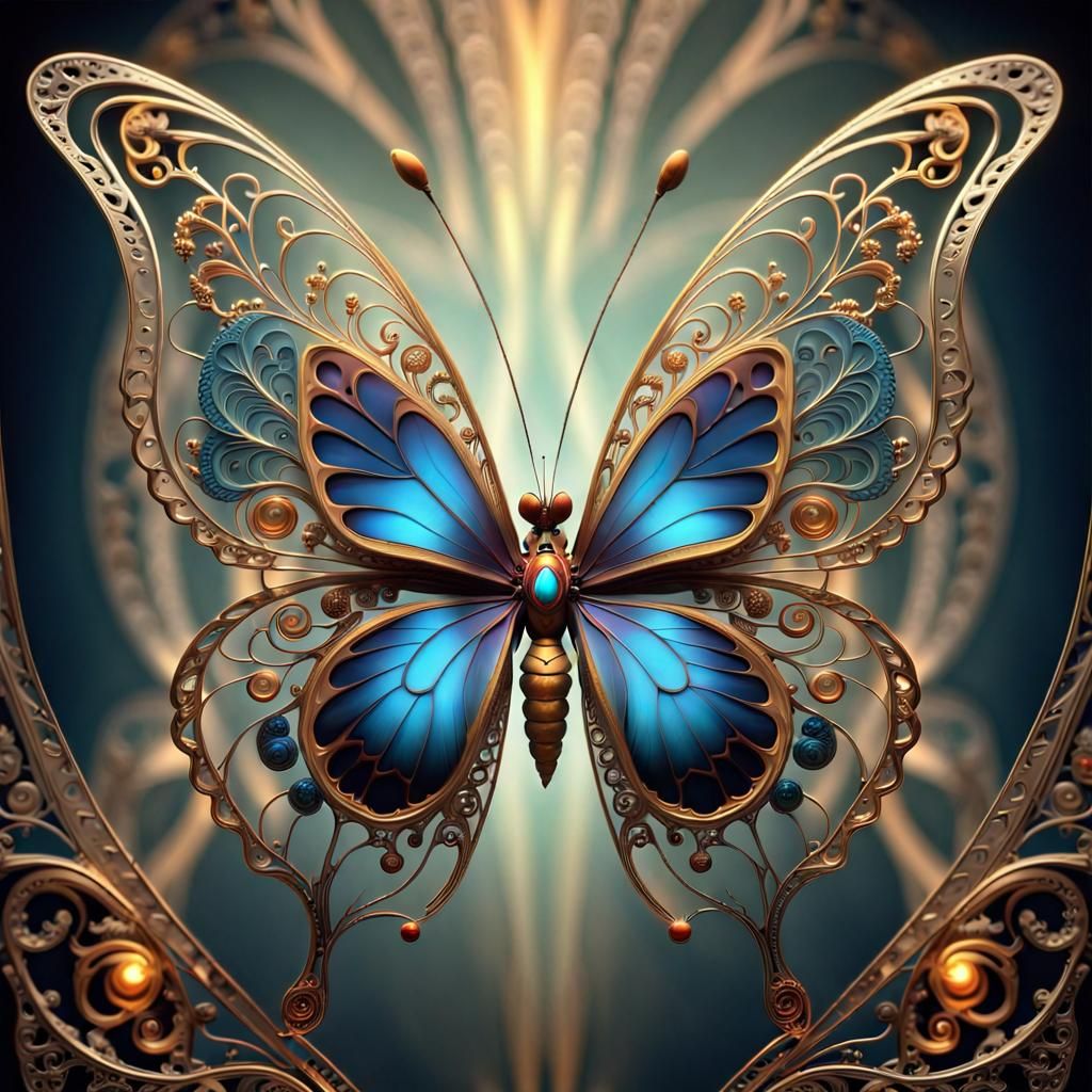 Glowing Fractal Butterfly with Filigree Metalwork