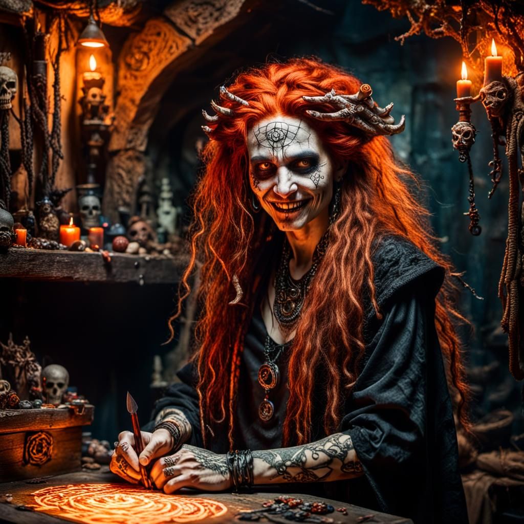 Voodoo Medusa Woman in Grungy Witch Grotto