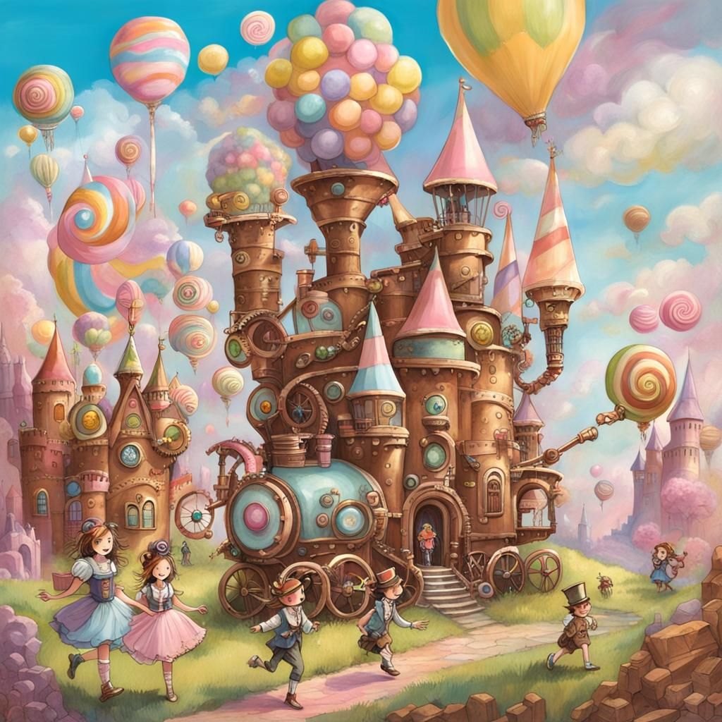 Steampunk Candyland with Candy Castle and Kids