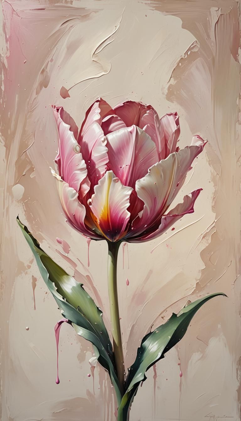 Abstract Pink Tulip Oil Painting in Neutral Tones