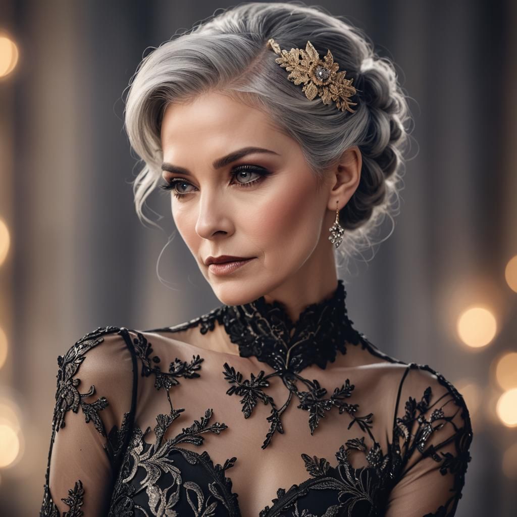 Elegant Woman in Black Lace Gown: Glamour Editorial Portrait
