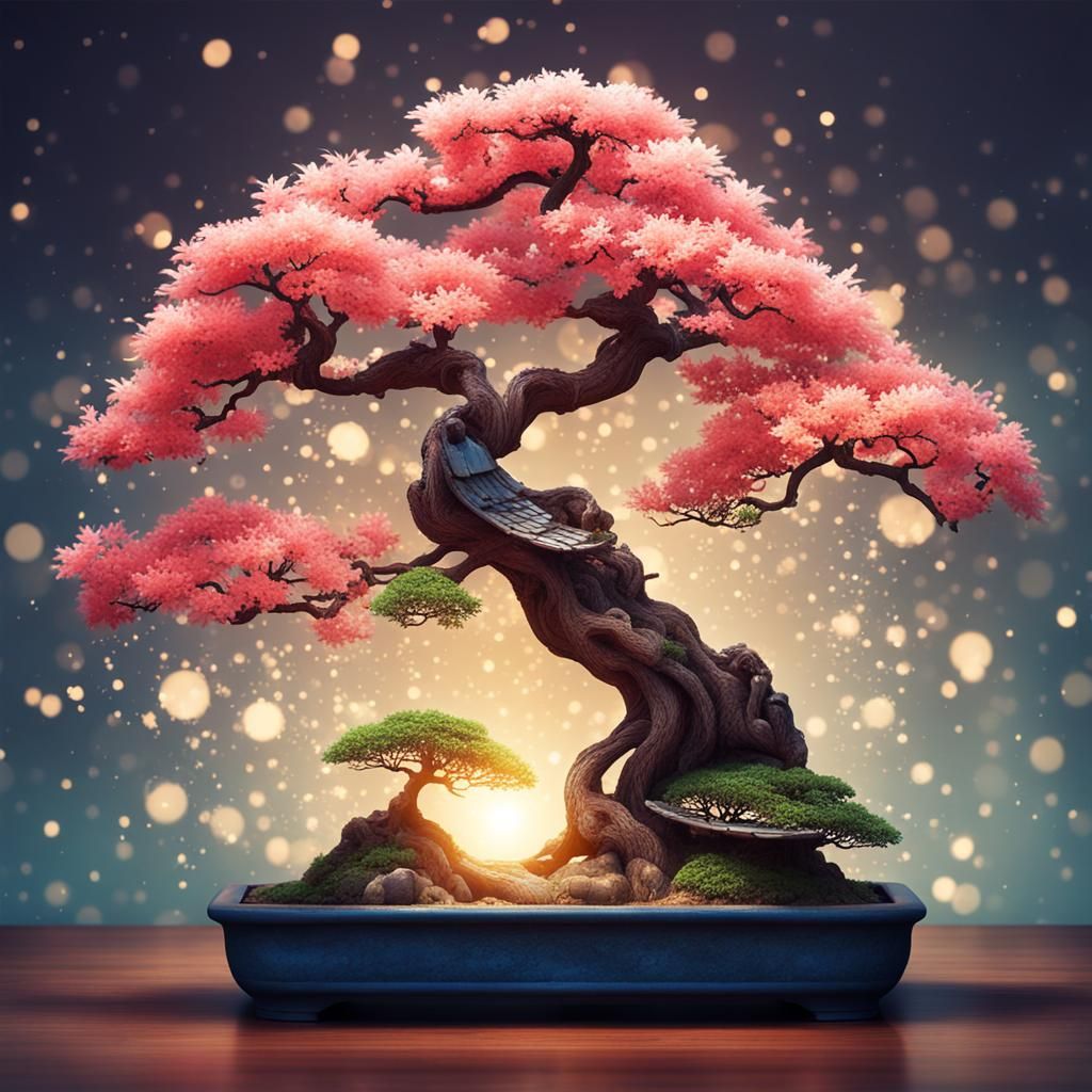 Mystical Bonsai Tree in Splash Art Style