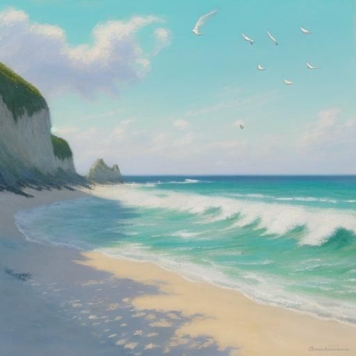 Booby Birds on Beach in Watercolor Impressionist Style